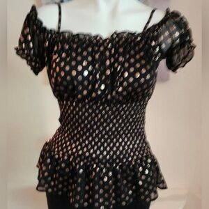 VENUS Black Off-Shoulder Peplum Top with Metallic Gold Dots